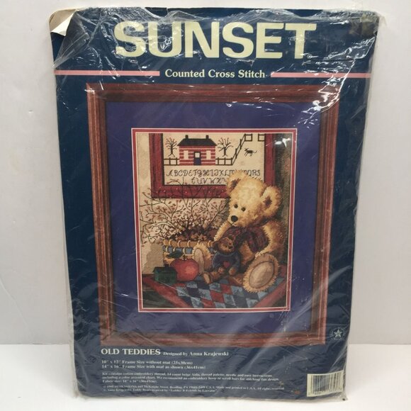 Vtg 1998 Sunset Counted Cross Stitch Kit Old Teddies Anna Krajewski 10"x12" - Picture 2 of 9
